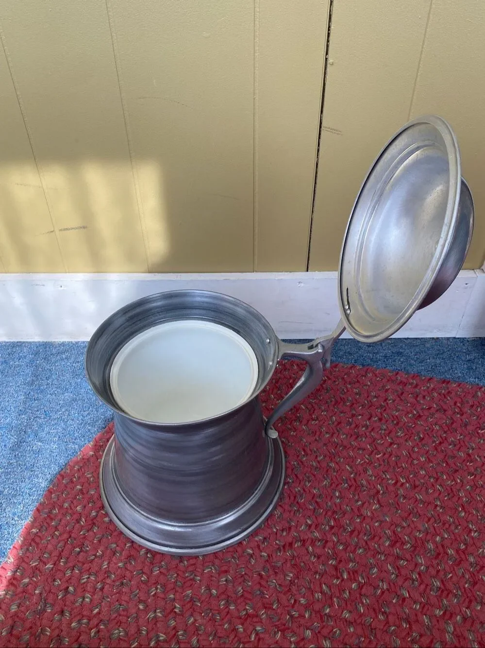 Giant vintage pewter insulated tankard with flip top lid and plastic insert